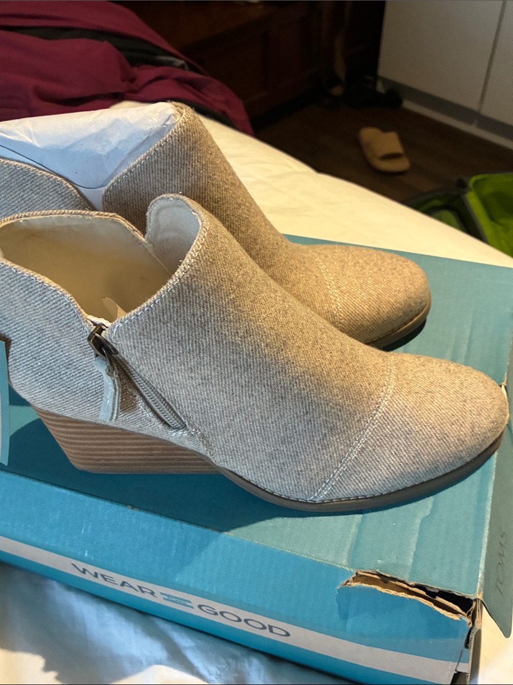 Toms Beige Fabric Ankle Booties with Side Zip